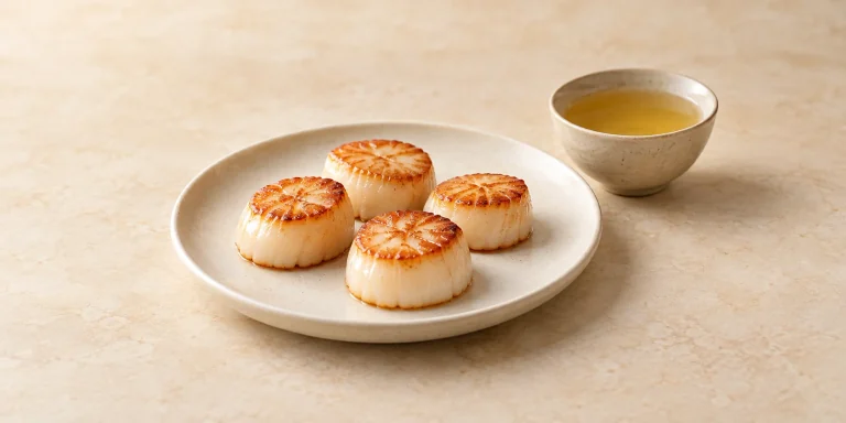Simply seared scallops beside a small cup of pale golden Alishan oolong.