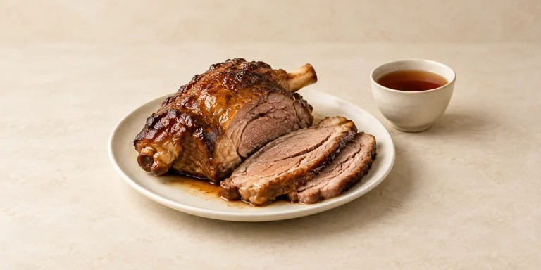 Carved slow-roasted lamb shoulder beside a cup of deep amber Da Hong Pao oolong.