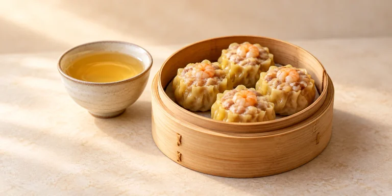 Siu mai de cerdo y camarón en una cesta de bambú junto a té oolong Dong Ding dorado.
