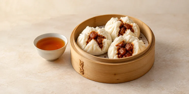 Steamed char siu pork buns beside a small cup of amber Rou Gui oolong.