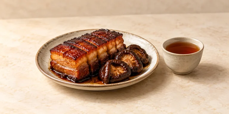 Tocino de cerdo estofado y setas shiitake junto a una taza pequeña de oolong Wuyi Da Hong Pao ámbar.