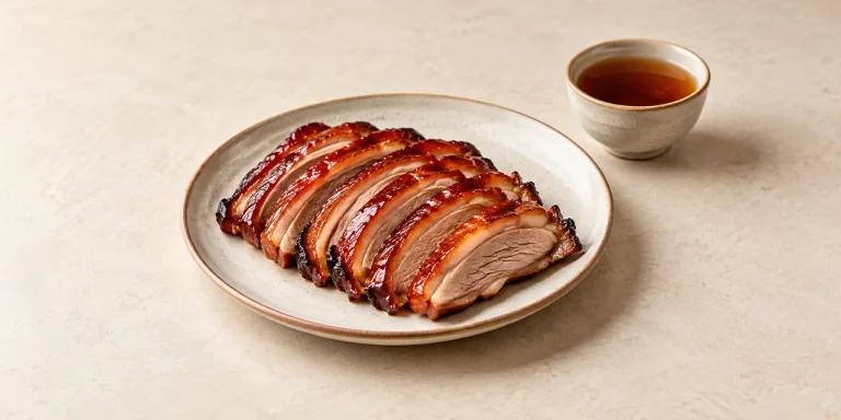 Sliced roast duck beside a small cup of dark amber aged Sheng pu-erh.