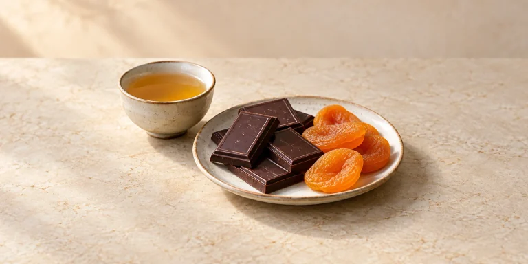 Dark chocolate squares and dried apricots beside a small cup of aged Sheng pu-erh.