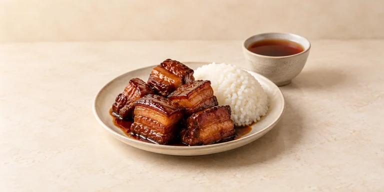 Red-braised pork belly with rice beside a small cup of dark Shou pu-erh.