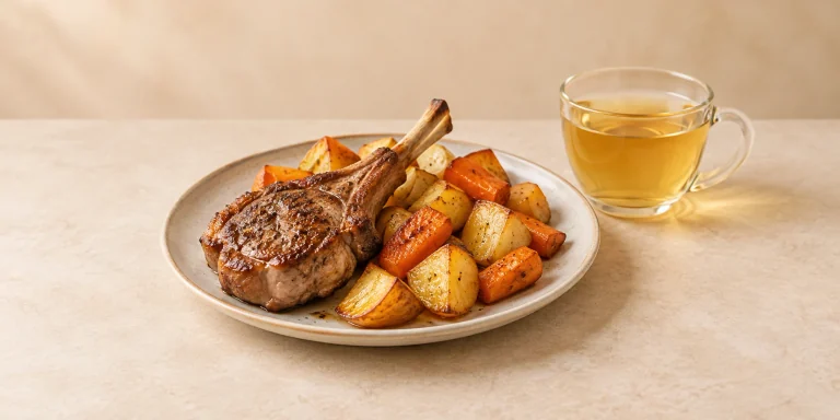 Grilled lamb chops and roasted potatoes, carrots and parsnips beside rosemary tea.