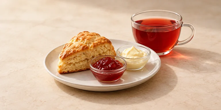 A scone with butter and red berry jam beside ruby rosehip tea.