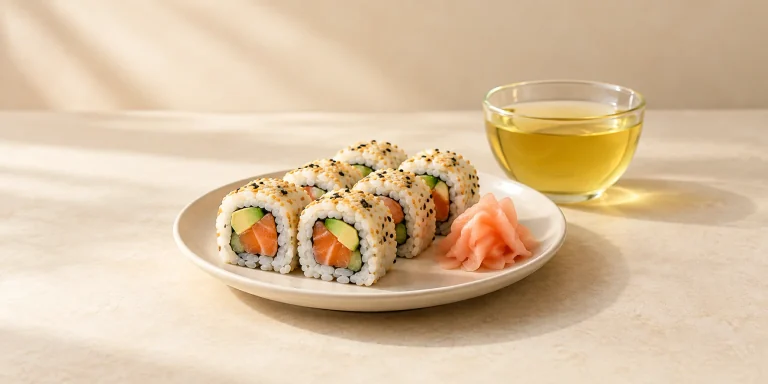 Sushi rolls with salmon, avocado and cucumber, served with pickled ginger beside citrus green tea.