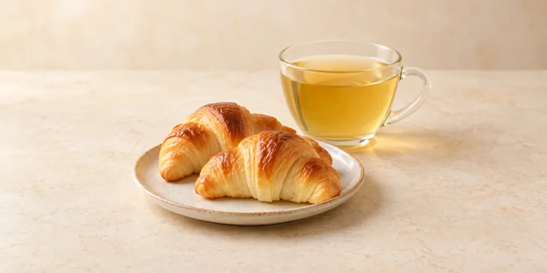 Dos medialunas doradas junto a una taza de vidrio de infusión de tila.
