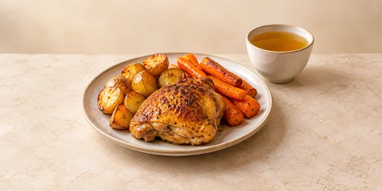Roast chicken with roasted potatoes and carrots beside golden thyme infusion.