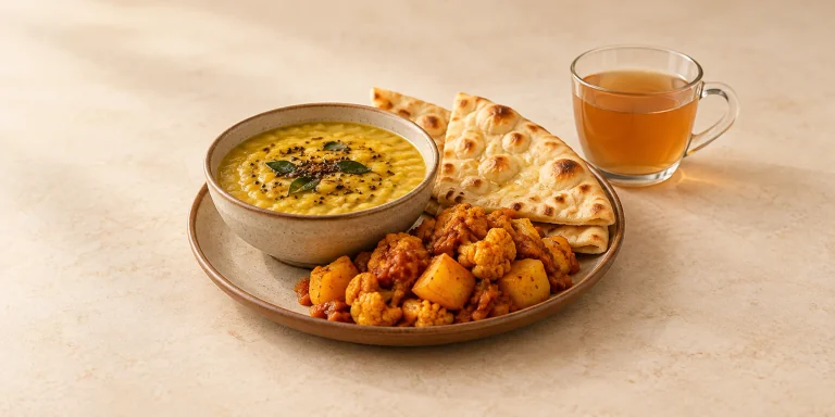 Yellow dal, naan and vegetable curry beside a cup of tulsi tea.