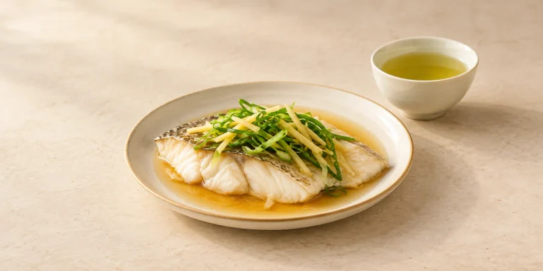 Steamed white fish with ginger and scallions beside Bi Luo Chun green tea.