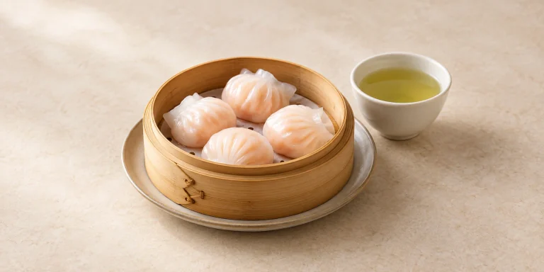 Dumplings de camarón al vapor en una cesta de bambú junto a té verde Dragonwell.