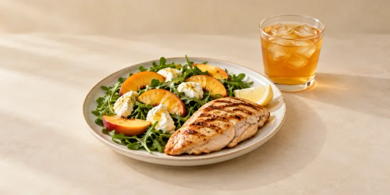 Grilled chicken and peach, soft cheese and arugula salad beside iced peach green tea.