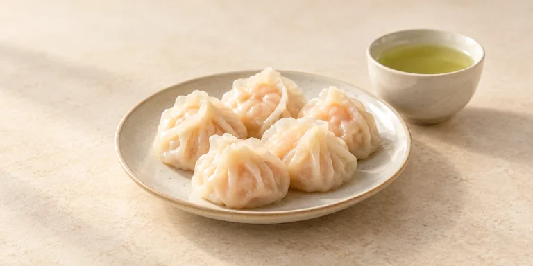 Steamed shrimp dumplings beside pale green Enshi Yulu tea.