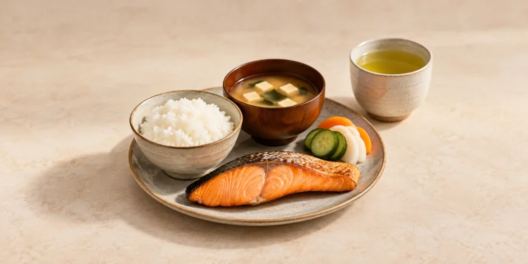 Salmón a la parrilla, arroz, sopa de miso y encurtidos junto a té genmaicha.