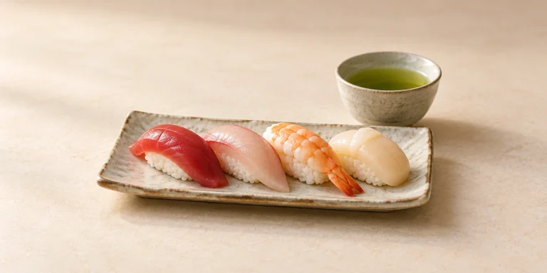 Assorted nigiri sushi beside a small cup of Gyokuro green tea.