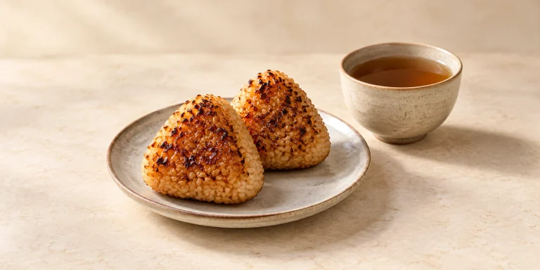 Soy-glazed grilled rice balls beside a cup of roasted hojicha tea.