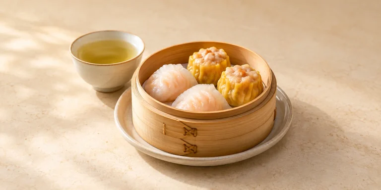 Steamed har gow and siu mai in a bamboo basket beside jasmine green tea.