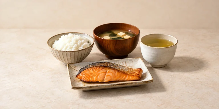 Grilled salmon, steamed rice and miso soup beside Kukicha tea.
