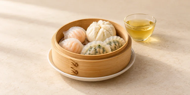 Steamed shrimp and chive dumplings and a steamed bun beside Lu’an Gua Pian tea.