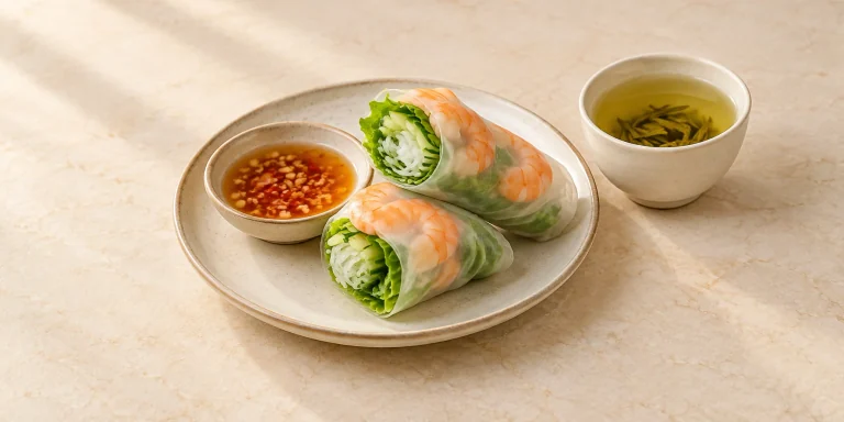 Fresh Vietnamese shrimp spring rolls with dipping sauce beside lotus tea.