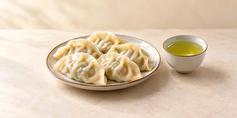 Steamed dumplings beside a cup of Xinyang Mao Jian green tea.