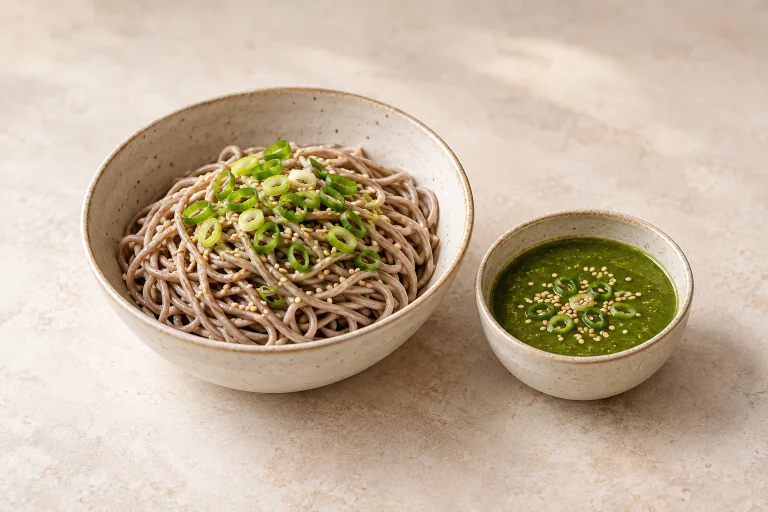 Fideos soba con matcha y salsa de sésamo