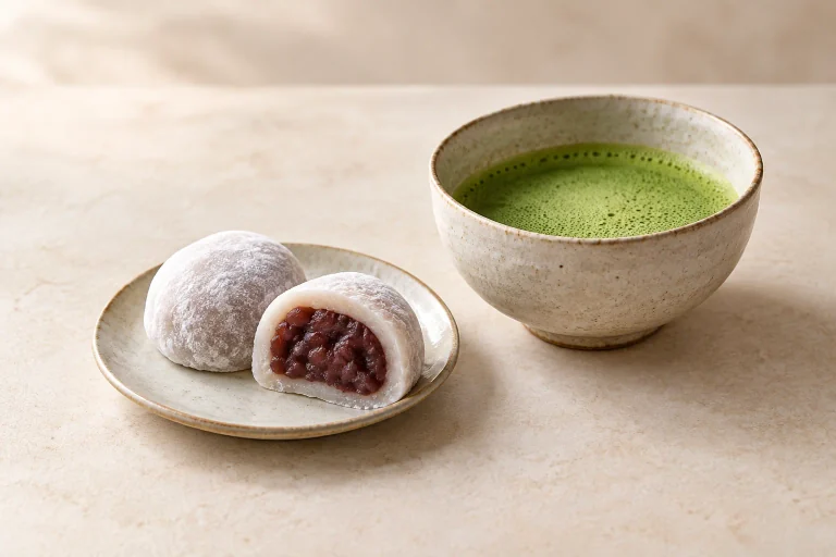 Mochi de pasta de judía roja, uno abierto para mostrar el relleno, junto a un cuenco de matcha verde espumoso.
