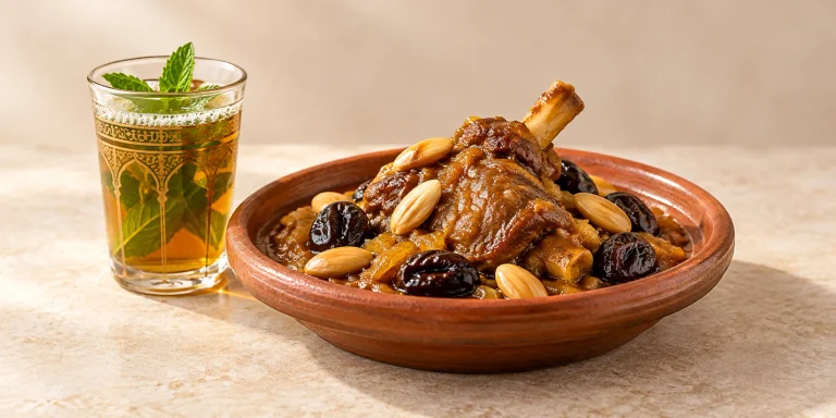 Lamb tagine with prunes and almonds beside Moroccan mint tea.