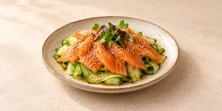Salmón curado con Sencha, pepino y sésamo