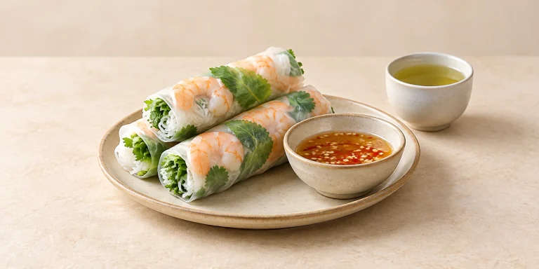 Fresh Vietnamese shrimp and herb rolls with dipping sauce beside Snow Shan green tea.