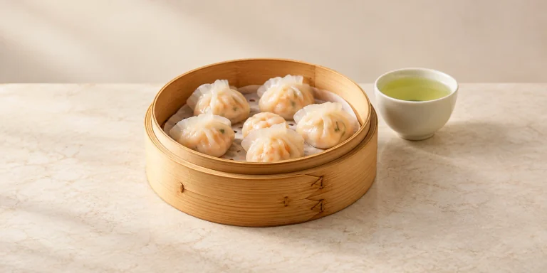 Steamed shrimp dumplings beside Tai Ping Hou Kui green tea.