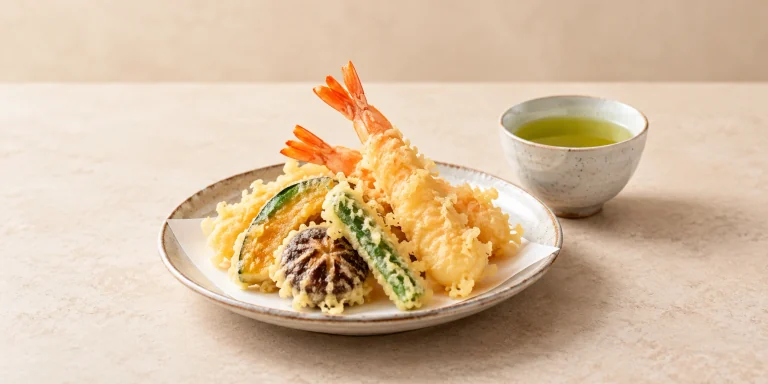 Shrimp and vegetable tempura beside Tamaryokucha green tea.