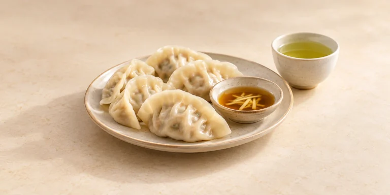Steamed dumplings with a ginger dipping sauce beside Zhu Ye Qing green tea.