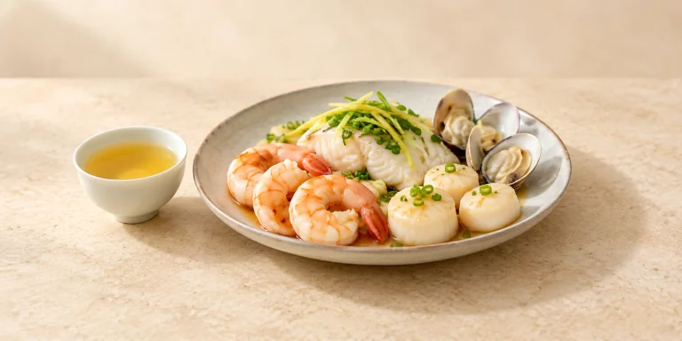 Lightly cooked prawns, scallops, clams and white fish beside Huoshan yellow tea.