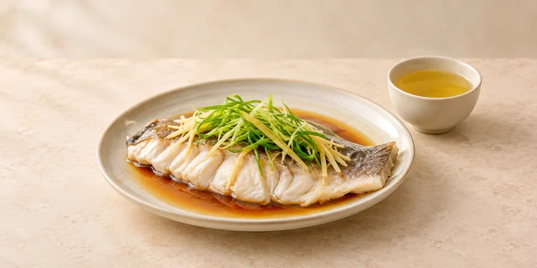 Steamed white fish with ginger and scallion beside Junshan Yinzhen yellow tea.