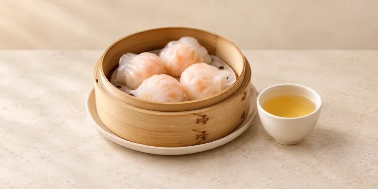 Steamed shrimp dumplings in a bamboo basket beside Mengding Huangya yellow tea.