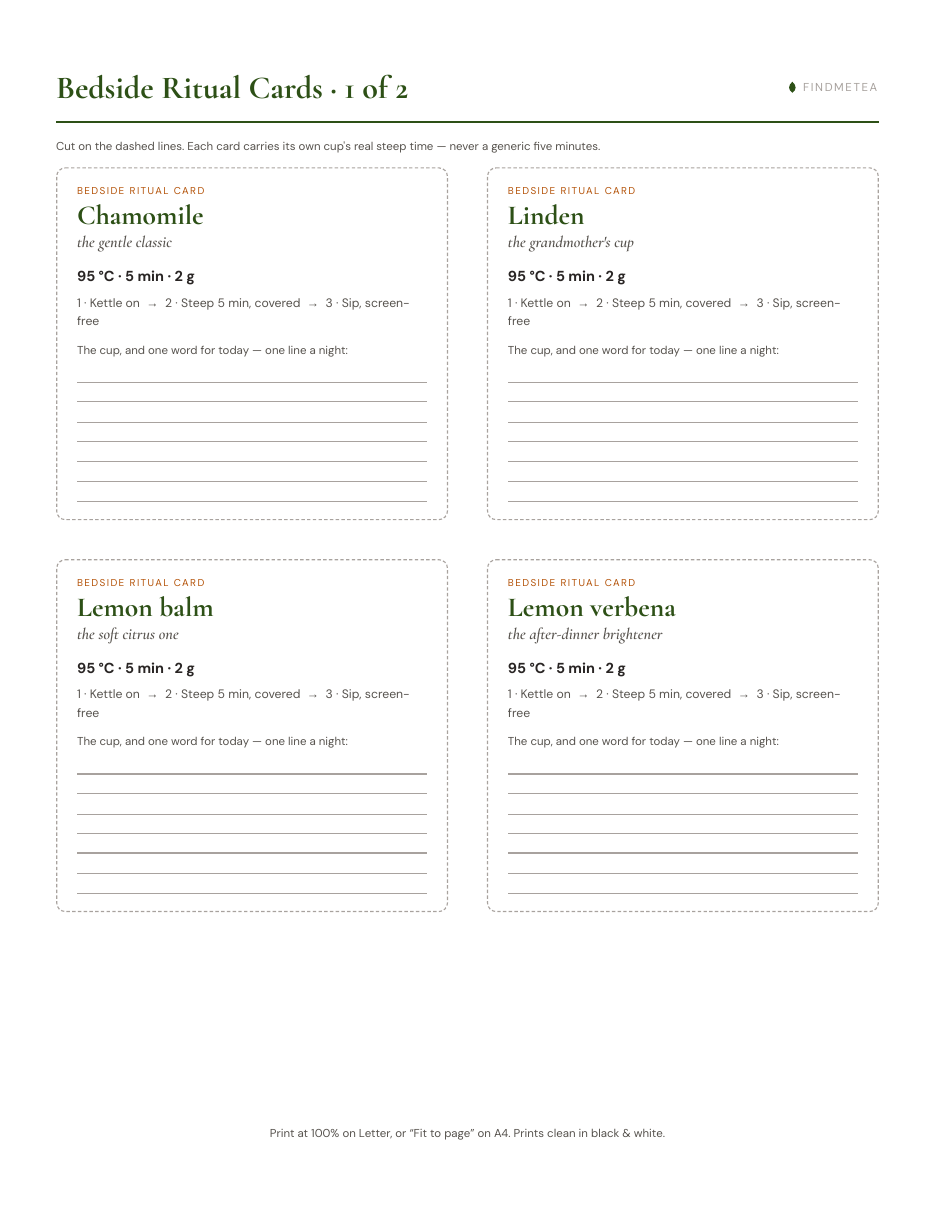 A bedside ritual card for chamomile — its brew line, a three-step mini-sequence, and a nightly log.