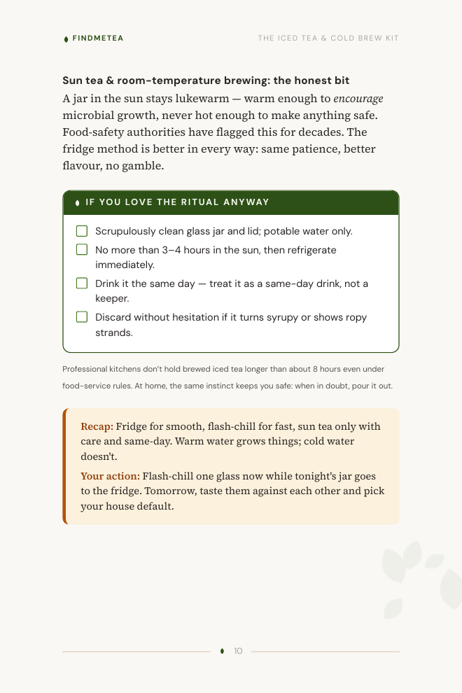 The honest sun-tea safety page: when room-temperature brewing is safe, when it isn't, and the fridge method instead.