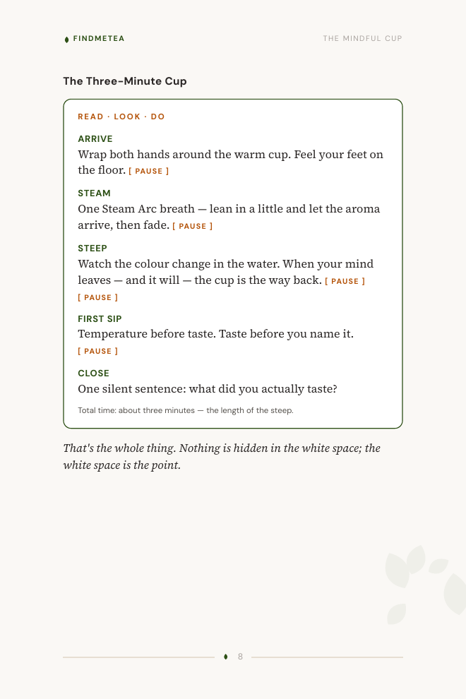 The Three-Minute Cup meditation in Read–Look–Do format, with bold beats and pause marks.
