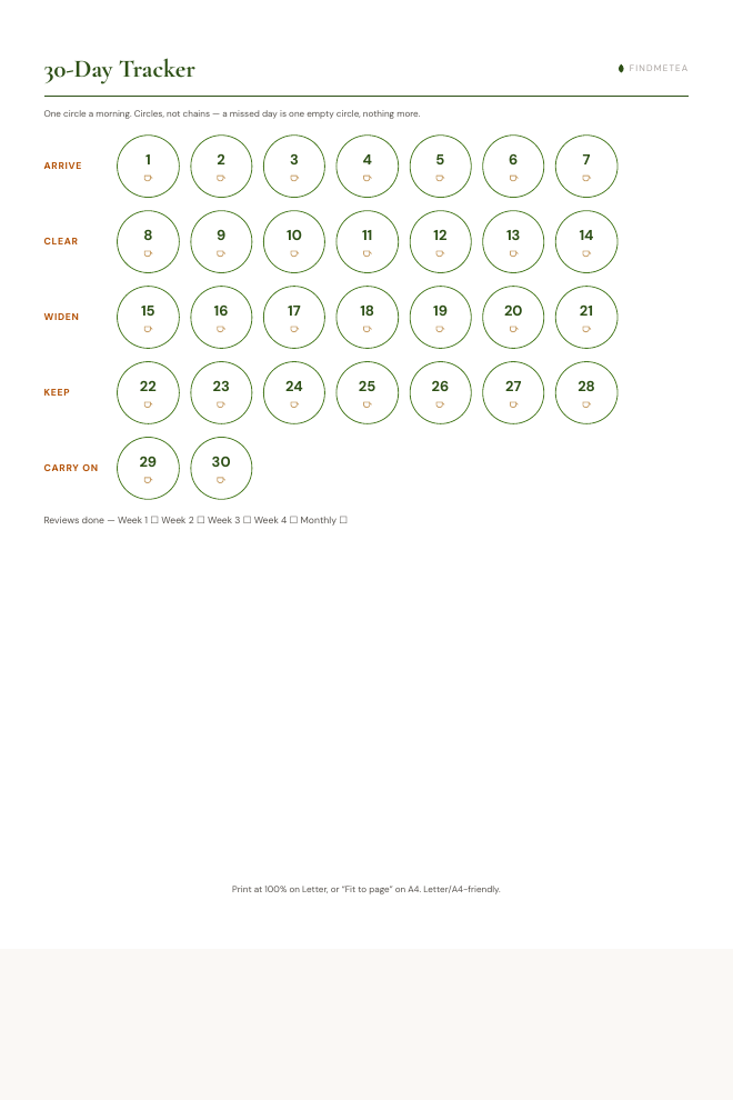 The printable daily page and the 30-day tracker — circles, not chains.