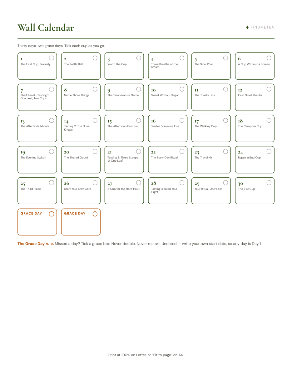 The 30-day wall calendar with two grace-day boxes, ready to print and tick.