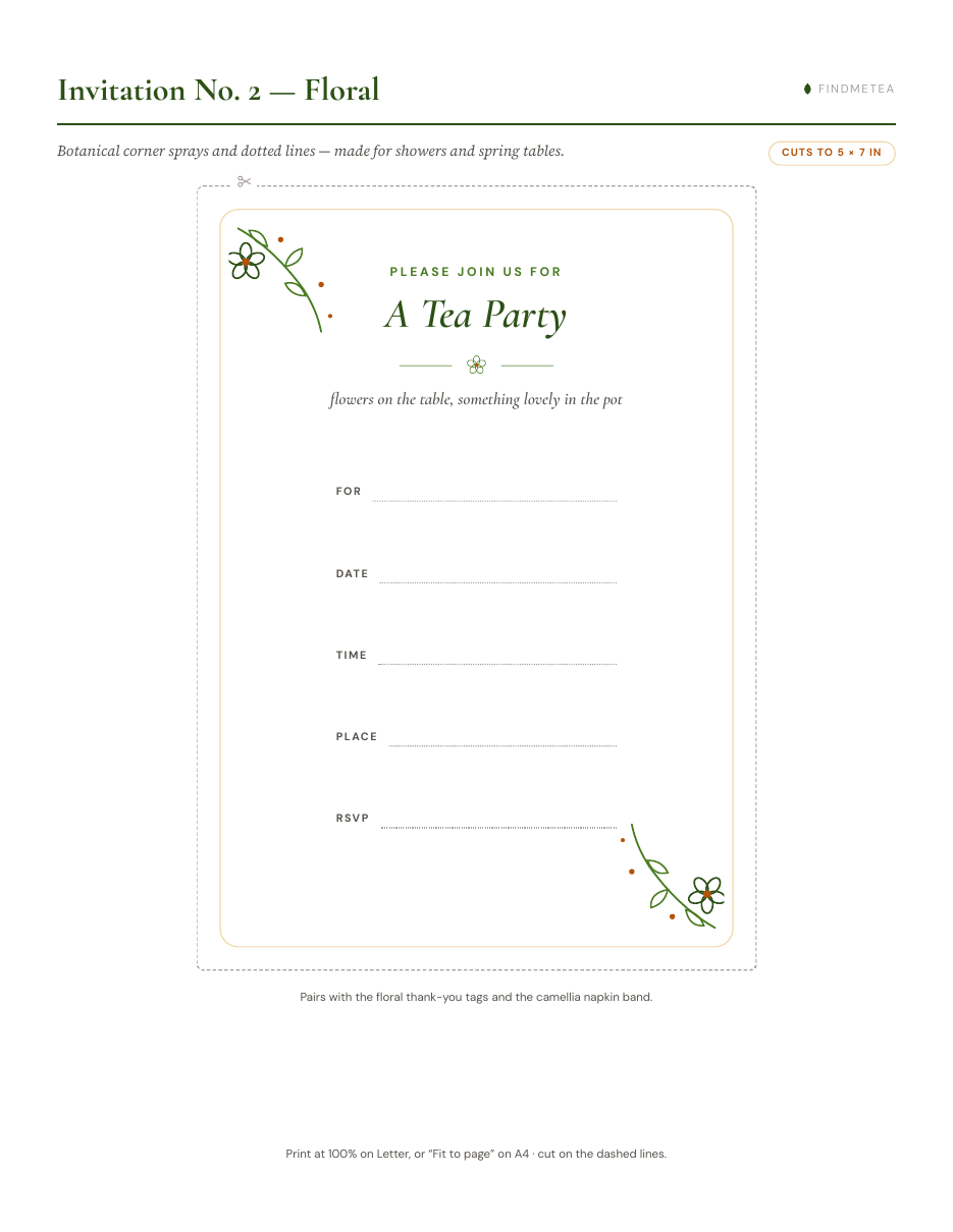 A tea party invitation template from the pack: the floral 5 x 7 design with botanical corner sprays and hand-write lines for date, time, place and RSVP.