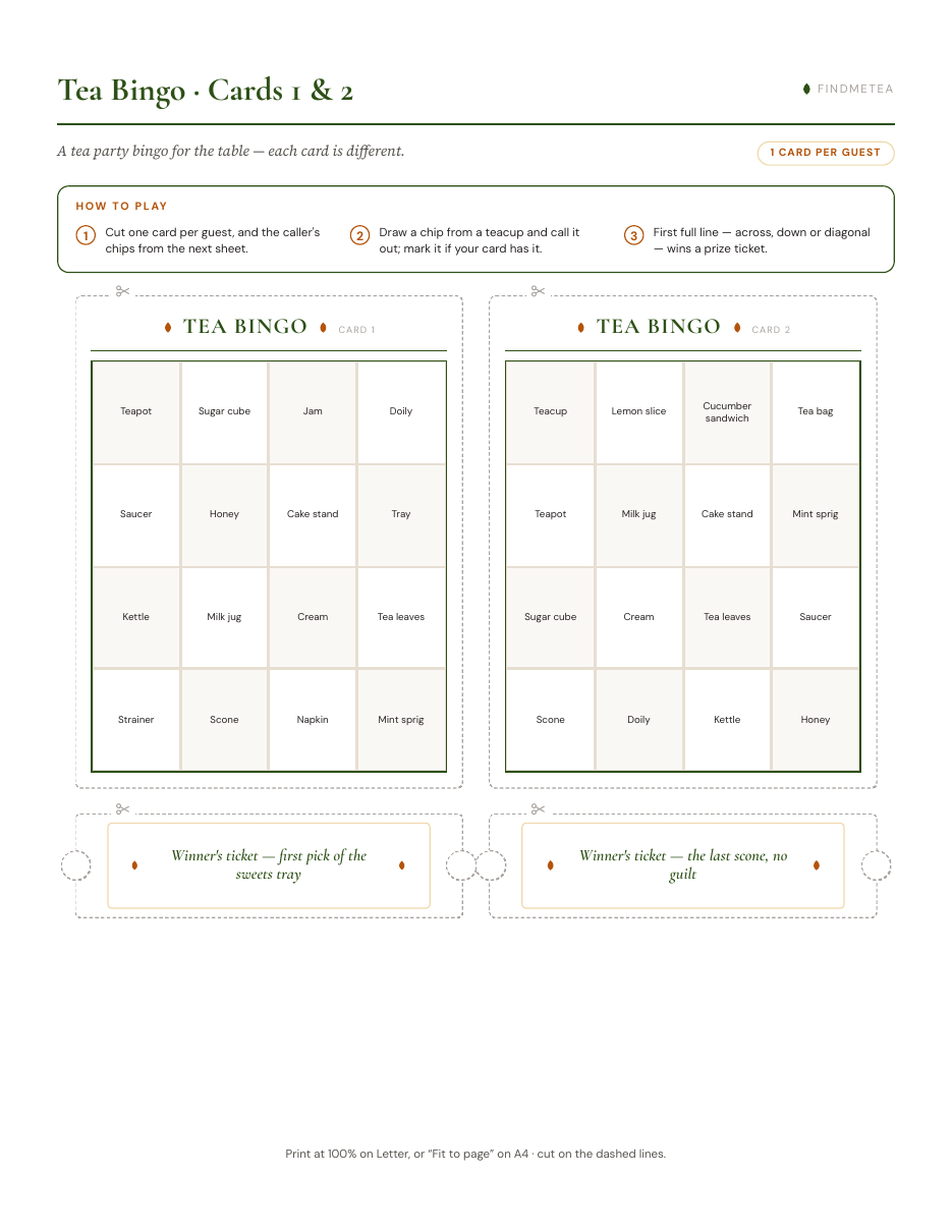 Tea party games printable sheet: two Tea Bingo cards with a how-to-play strip and cut-out winner's prize tickets.