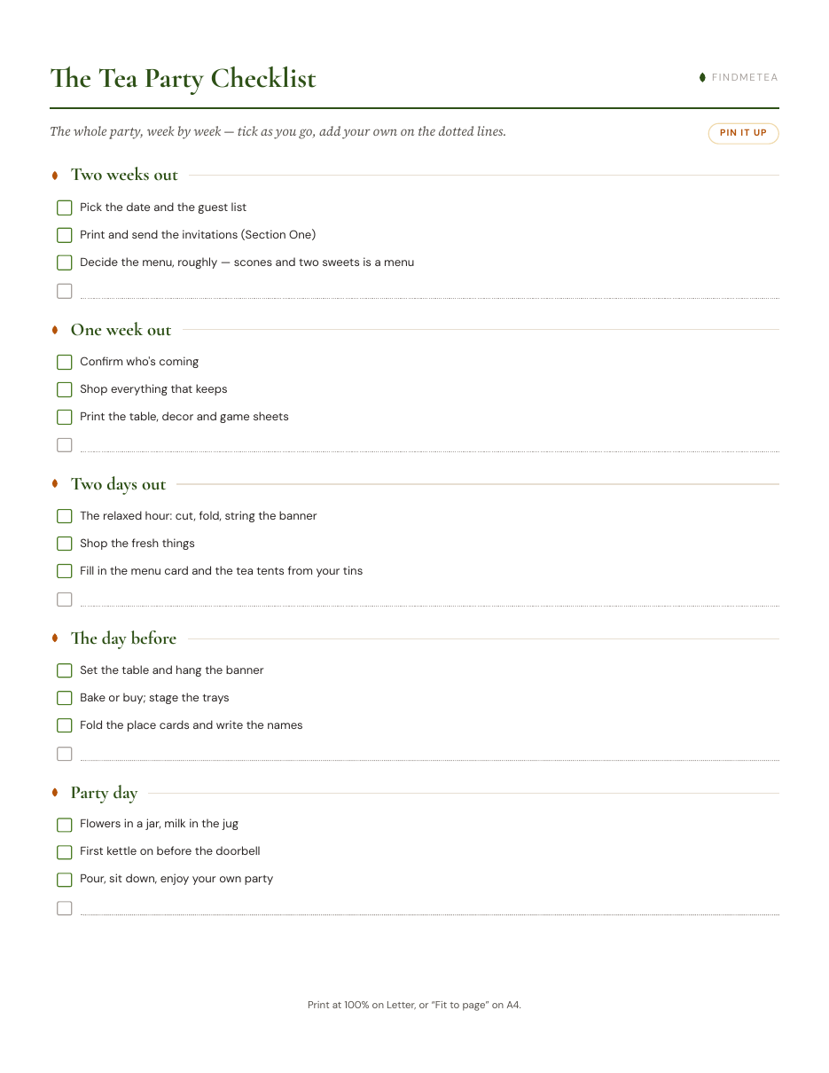 The printable tea party checklist: week-by-week to-dos from two weeks out to party day, with tick boxes and blank lines.